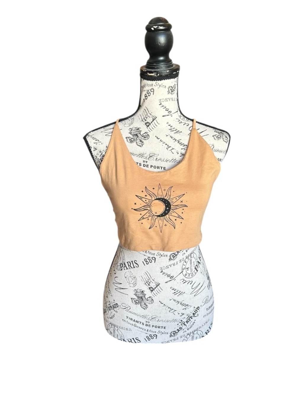 Sun & Moon Graphic Spaghetti Strap Crop Top - Peach